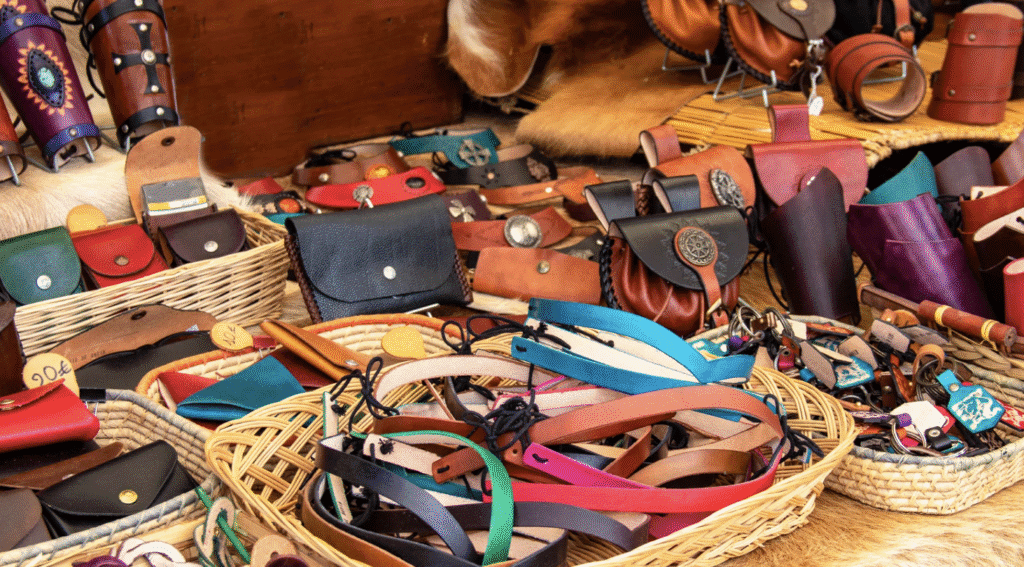 Stall of handmade leather wallets and accessories